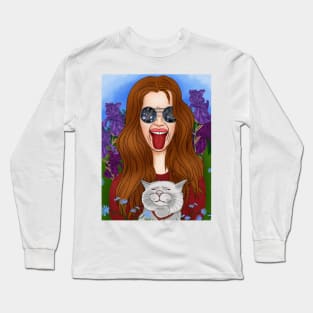 Hippie girl with a cat Long Sleeve T-Shirt